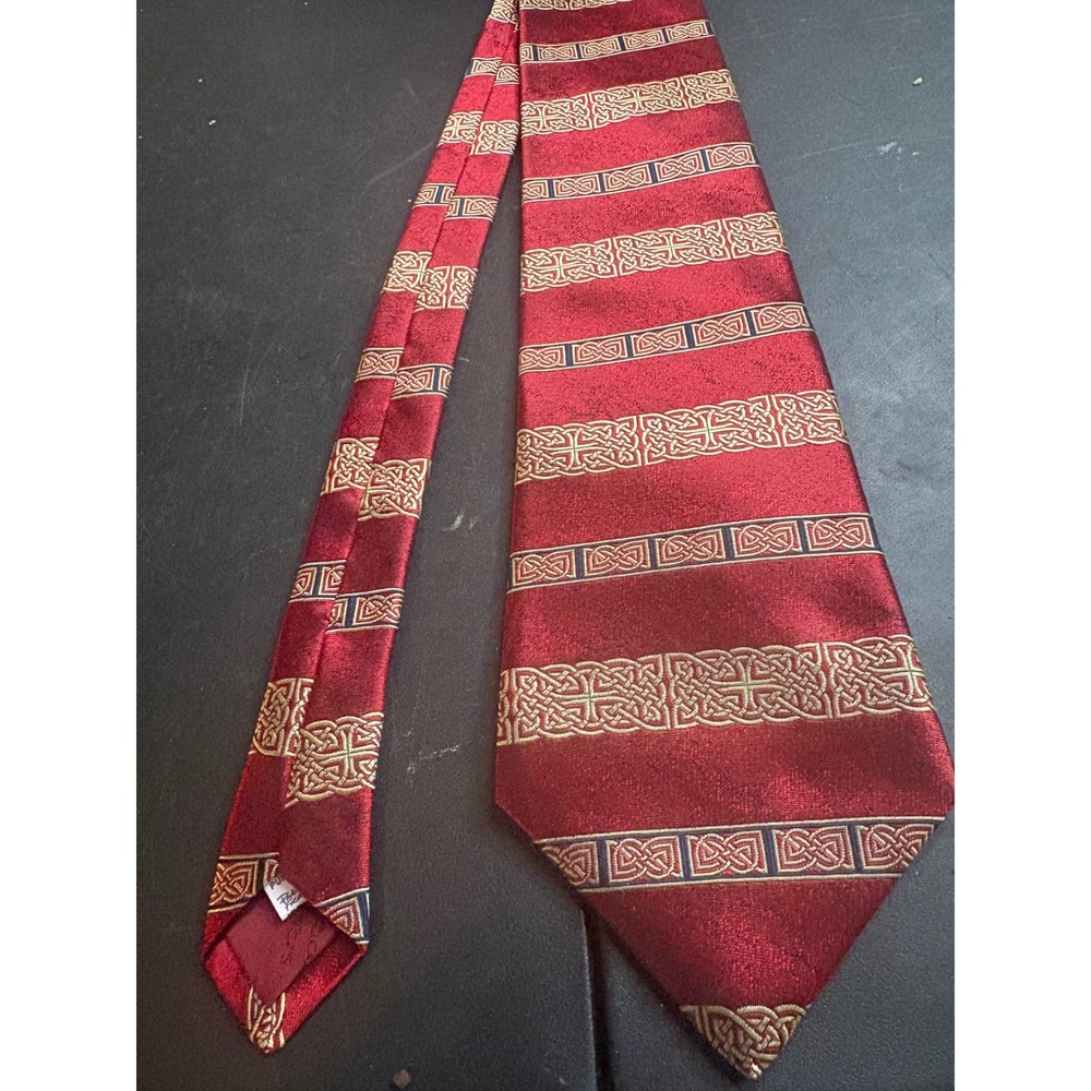 Patrick Francis Ireland Mens Silk Tie Red Gold Celtic Knot Cross Embroidered
